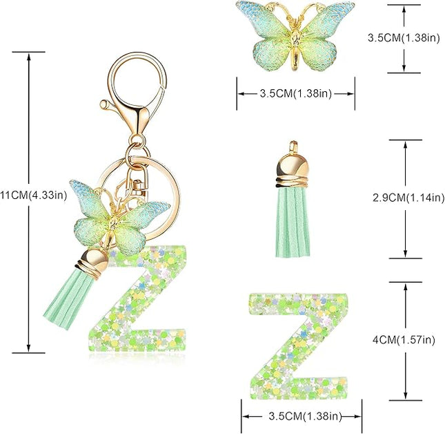 Fashion Alphabet Initial Letter Keychain Tassel Butterfly Pendant Key Ring for Purse Handbags Women Girl