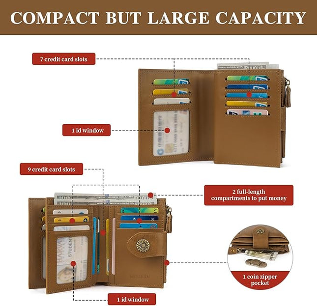MKSSKEN Wallet Women,Rfid Blocking Leather Womens Wallet,Bifold Compact Carteras Para Mujer Card Holder with Removable ID Window(Apricotcoffee)