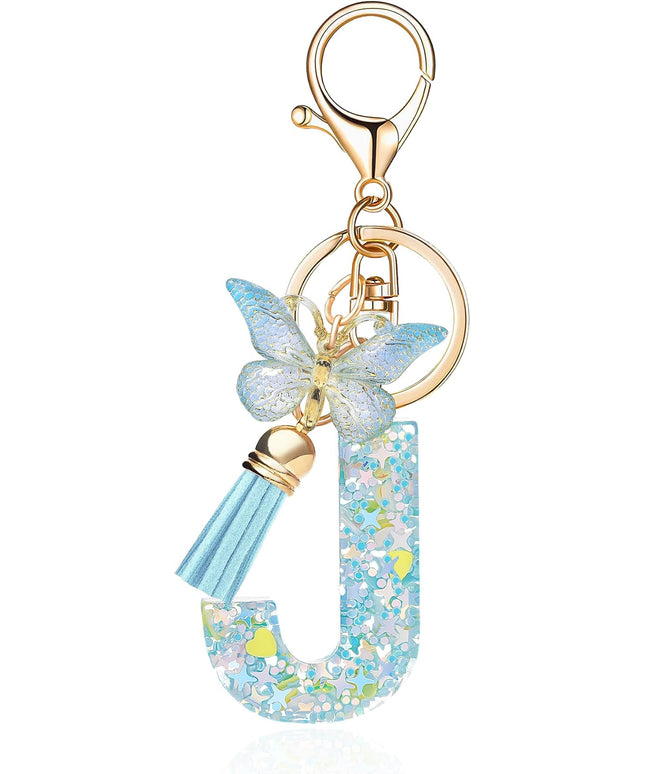Fashion Alphabet Initial Letter Keychain Tassel Butterfly Pendant Key Ring for Purse Handbags Women Girl