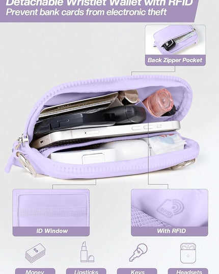 Clip and Go Strap for Phone with Wallet Crossbody Phone Lanyard Adjustable and Detachable RFID Wristlet Wallet with ID Window and Zipper, Purple Large.