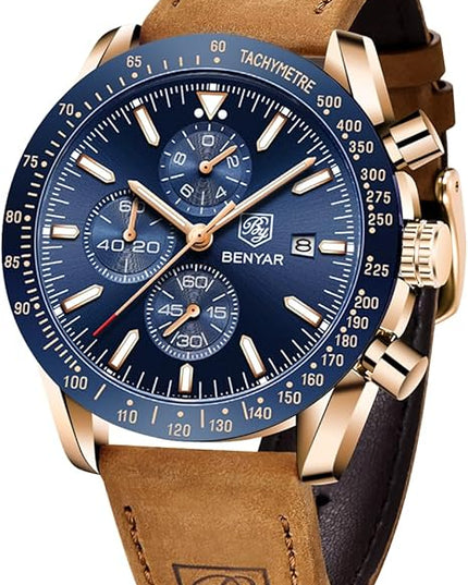 BY BENYAR Watch for Men Analog Quartz Chronograph Waterproof Luminous Designer Mens Wrist Watches Business Work Sport Casual Dress Watch with Silicone Strap Elegant Gifts for Men