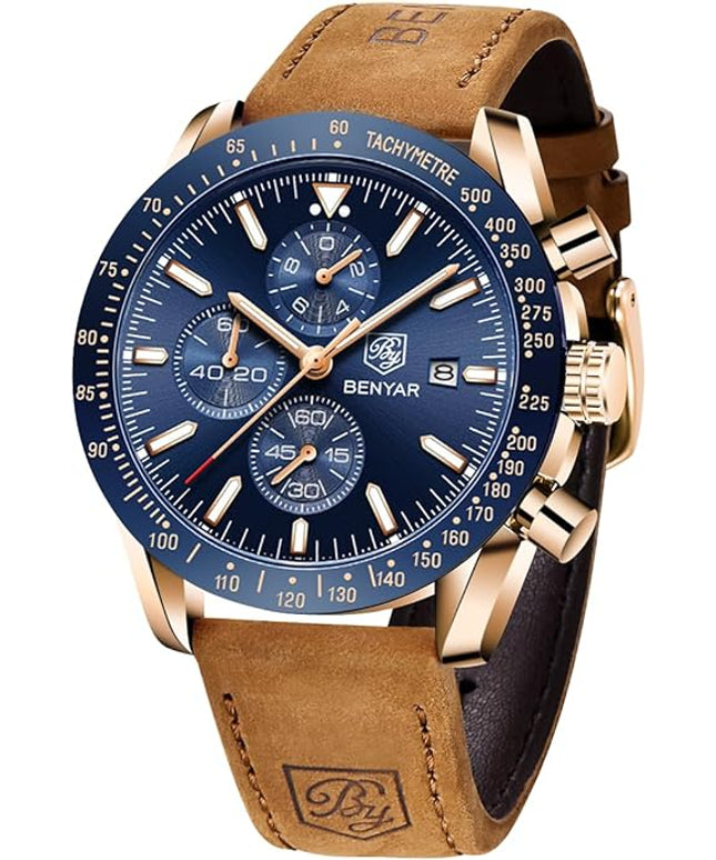 BY BENYAR Watch for Men Analog Quartz Chronograph Waterproof Luminous Designer Mens Wrist Watches Business Work Sport Casual Dress Watch with Silicone Strap Elegant Gifts for Men