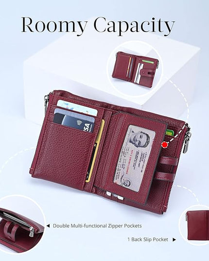 Bveyzi Small Soft Leather Wallet for Women RFID Blocking Ladies Card Holder with Double Zipper Pocket