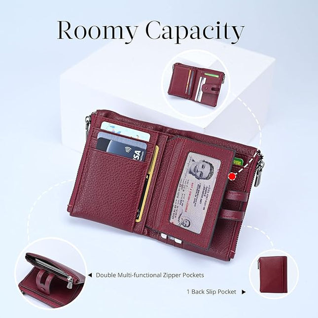 Bveyzi Small Soft Leather Wallet for Women RFID Blocking Ladies Card Holder with Double Zipper Pocket