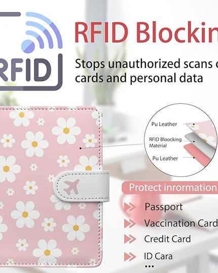 Passport Holder, Travel Wallet Cover with Pen Loop | Cute RFID Blocking Leather Case with Magnetic Closure for Travel Essentials-flower