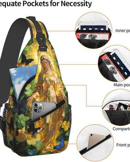 Our Lady of Guadalupe Sling Bag Crossbody Bags Clovers Chest Bag for Travel Hiking for Men Women Golden Mary 9