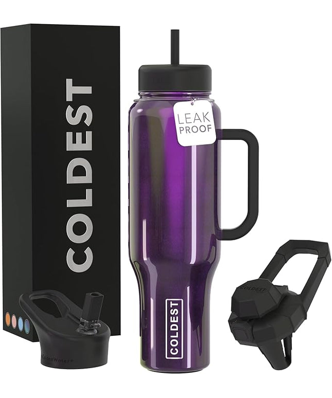 Coldest Tumbler with Handle and Straw, 100% Leak Proof Insulated Tumbler with Lid and Straw (3 Lids), Stainless Steel Tumblers for Women & Men, Cup Holder Friendly, 46 oz (Purple Iridescence)
