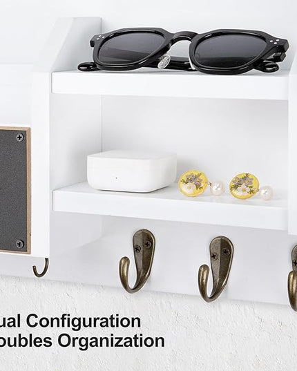 Lwenki Mail and Key Holder – Wall Mount Key Hanger with Shelf and 7 Metal Hooks – Decorative Natural Paulownia Wood Entryway Organizer with Mounting Hardware (16.5”W x 8.7”H x 3.5”D) (White)