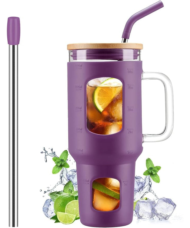 Glass Tumbler with Straw and Lid, 40 oz glass cup with handle, Glass Water Bottles with Time Marker, Silicone Protective Sleeve-Dark Purple