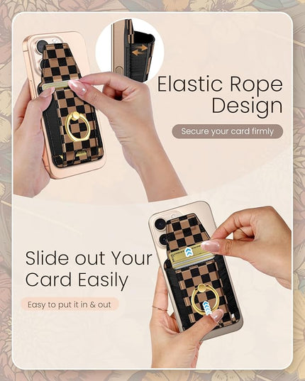 Shorogyt Compatible with Magsafe Wallet with Ring Grip Magnetic Card Holder - Cute Phone Wallets with Stand for iPhone 17/16/15/14/13/12 Series for Women Girls Black Grid Design, Fit 7 Cards