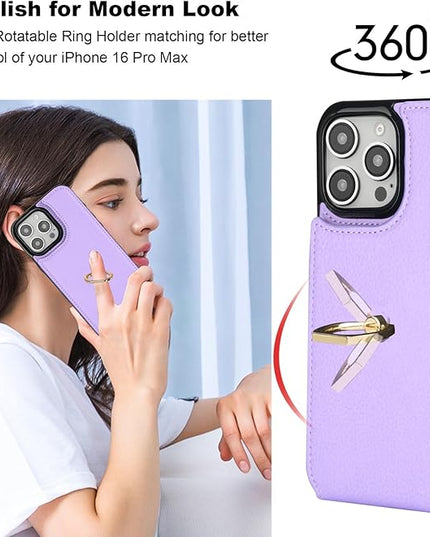 Folosu Compatible with iPhone 16 Pro Max Case Wallet with Card Holder, 360°Rotation Finger Ring Holder Kickstand, RFID Blocking Leather Protective Double Buttons Shockproof Cover 6.9 Inch Purple