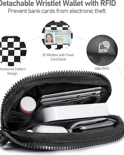 Clip and Go Strap for Phone with Wallet Crossbody Phone Lanyard and Detachable Checkered Bag with ID Window and RFID Pouch for Daily Travel.