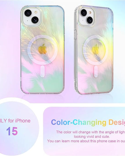 Glitter Case for iPhone 15 Case for Women Girls [ Compatible with Magsafe ] Clear Cute Aesthetic Girly Iridescent Feather Sparkly Bling Magnetic Phone Cover, Gradient Blue & Pink