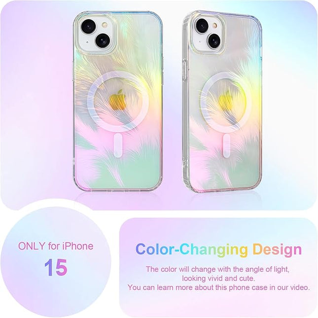 Glitter Case for iPhone 15 Case for Women Girls [ Compatible with Magsafe ] Clear Cute Aesthetic Girly Iridescent Feather Sparkly Bling Magnetic Phone Cover, Gradient Blue & Pink