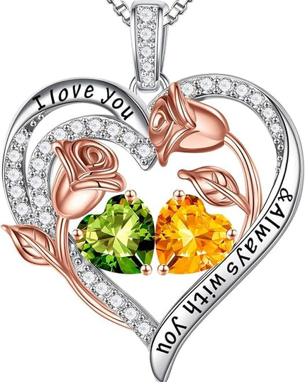 Iefil Christmas Gifts for Women Wife - 925 Sterling Silver Rose Heart Birthstone Necklace Birthday Anniversary Jewelry Gifts for Her Wife Mom Daughter