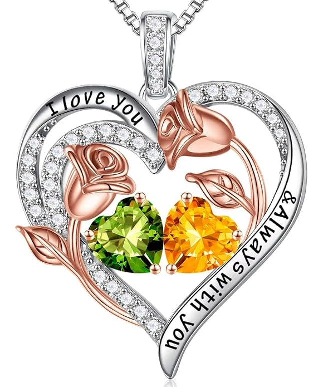 Iefil Christmas Gifts for Women Wife - 925 Sterling Silver Rose Heart Birthstone Necklace Birthday Anniversary Jewelry Gifts for Her Wife Mom Daughter