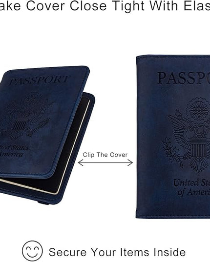 WALNEW Passport Holder for Travel, RFID Passport Cover Wallet for Women Men, PU Leather Passport Book Card Holder Case with Pen (Elastic Band Closure, A-Navy Blue)
