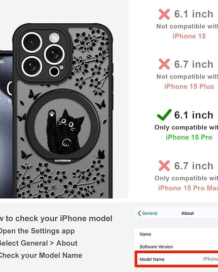 Cute Case for iPhone 15 Pro Case with Stand [ Compatible with MagSafe ] Kawaii Black Cat & Floral & Butterflies Pattern Design 360 Magnetic Ring Kickstand Phone Cover for Women Girls Boys