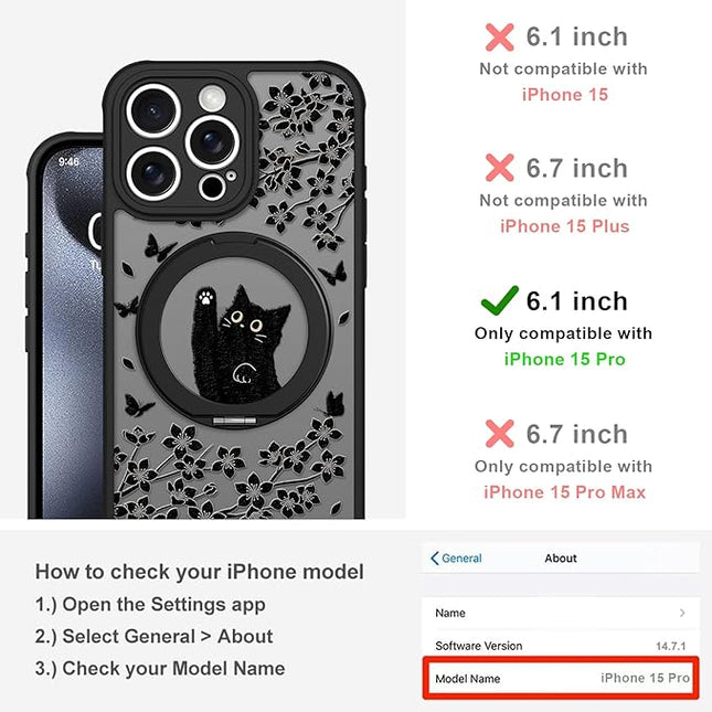 Cute Case for iPhone 15 Pro Case with Stand [ Compatible with MagSafe ] Kawaii Black Cat & Floral & Butterflies Pattern Design 360 Magnetic Ring Kickstand Phone Cover for Women Girls Boys