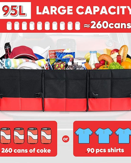 Simniam Large Trunk Organizer for Car, Foldable Multi Compartment Car Trunk Organizer with 2 Retractable Straps, Suitable for All Kinds of Cars, SUV, Minivan - 4 Compartments Red