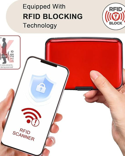 ELFISH Mini RFID Aluminum Wallet Credit Cards Holder Business Card Case Metal ID Case for Men Women (Red)