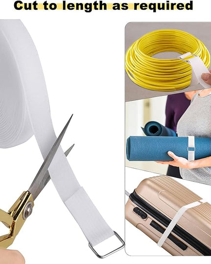 1"x32ft Hook and Loop Straps with 50 Metal Buckles, Adjustable Fastening Cable Straps, Cut-to-Length Cinch Strap, Reusable Nylon Securing Cord Ties for Organizer or Storage, 1 inch Wide, White