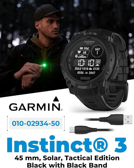 Wearable4U Garmin Instinct 3 Tactical Edition, Solar Charging Display, 45mm, Rugged Outdoor GPS Smartwatch, Applied Ballistics Support, LED Flashlight, Multi-Band GPS White Earbuds Bundle