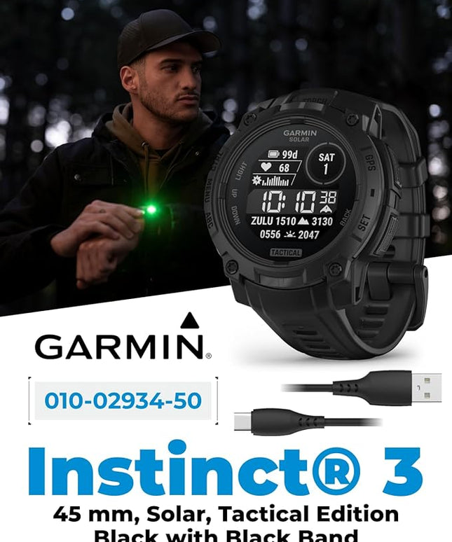 Wearable4U Garmin Instinct 3 Tactical Edition, Solar Charging Display, 45mm, Rugged Outdoor GPS Smartwatch, Applied Ballistics Support, LED Flashlight, Multi-Band GPS White Earbuds Bundle