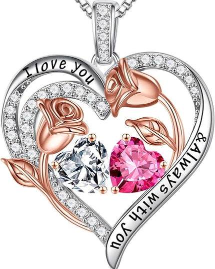 Iefil Christmas Gifts for Women Wife - 925 Sterling Silver Rose Heart Birthstone Necklace Birthday Anniversary Jewelry Gifts for Her Wife Mom Daughter