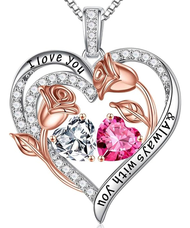 Iefil Christmas Gifts for Women Wife - 925 Sterling Silver Rose Heart Birthstone Necklace Birthday Anniversary Jewelry Gifts for Her Wife Mom Daughter
