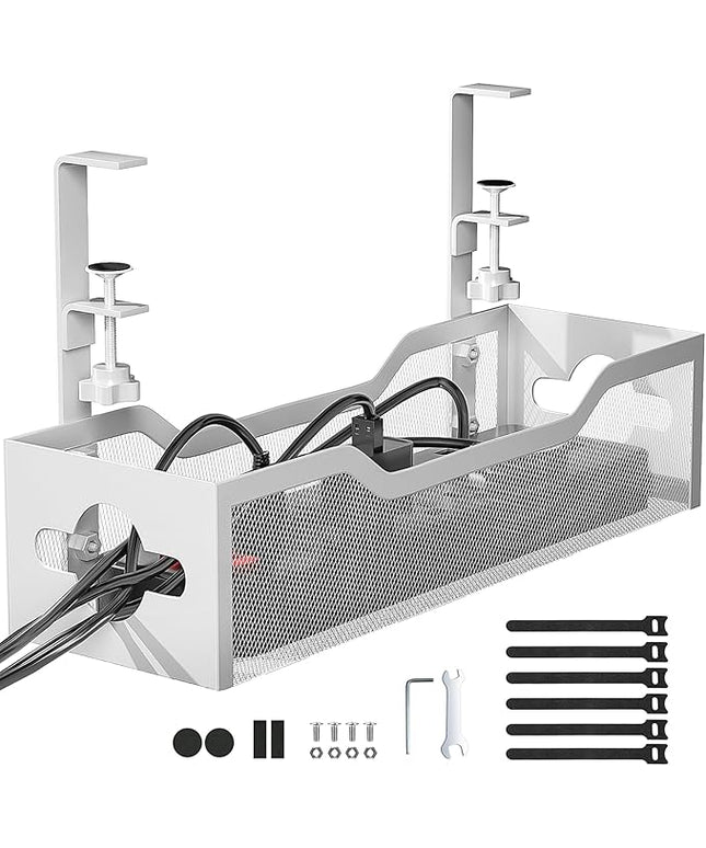 Under Desk Cable Management Tray No Drill, 13.38'' Metal Tray with Clamp for Wire Management, Litwaro Cord Organizer Home Office Damage to Standing Desk, White