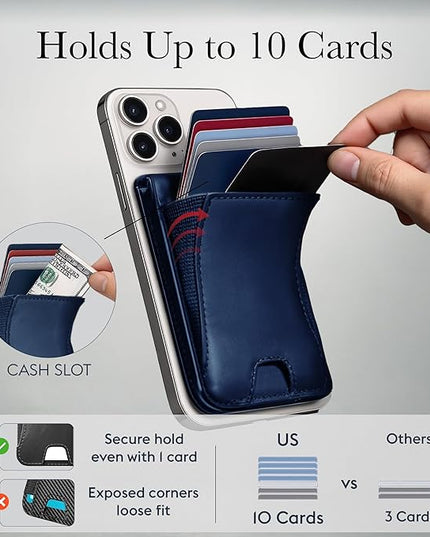 Genuine Leather Magsafe Wallet,10 Card Holder With Stand, Slim Magnetic Wallet Mag Safe for iPhone,Compatible With iPhone 17/16/15/14/13/12 Series and Selected Samsung Devices Apple Accessories, Blue
