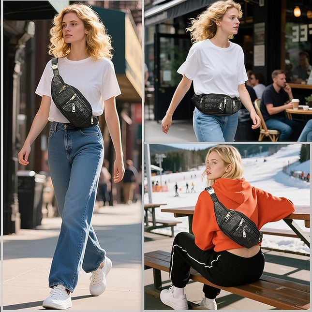 Genuine Leather Fanny Pack large capacity Crossbody Waist Bag with Zipper phone Pockets crocodile black