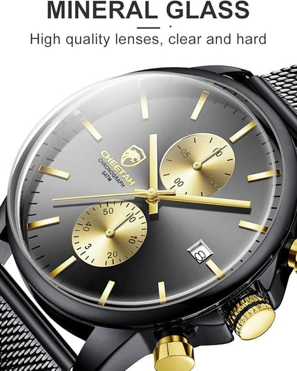 GOLDEN HOUR Mens Watch Fashion Sleek Minimalist Quartz Analog Mesh Stainless Steel Waterproof Chronograph Watches for Men with Auto Date