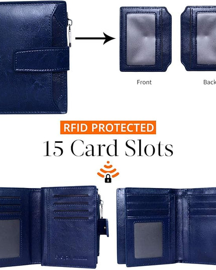 Bveyzi Women's Small Leather RFID Blocking Bifold Zipper Pocket Wallet Ladies Credit Card Slots Purse with id Window