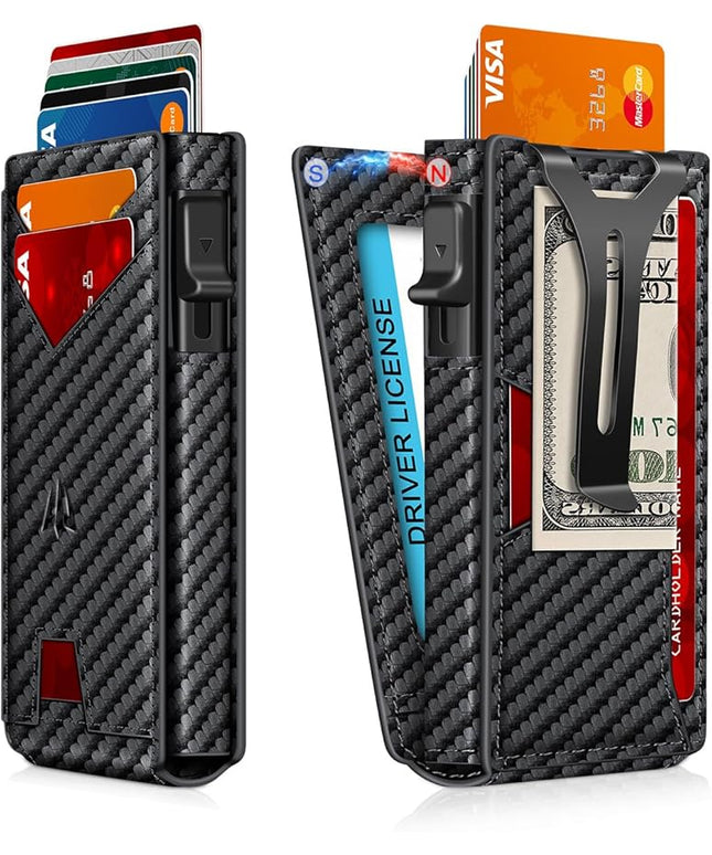 Wallet for Men，Slim Minimalist Wallet with Money Clip ＆ ID Window, RFID Blocking Pop-Up Credit Card Holder，Smart Auminum Mens Wallet Holds 9-13 Cards, Front Pocket Bifold (Magnetic Closure, Gift Box)
