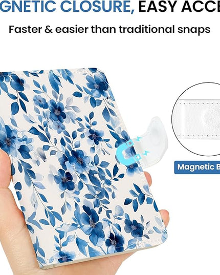 Passport Holder for Travel Essentials, RFID Blocking Leather Cover Wallet with Magnetic Closure, Aesthetic & Cute Passport Book Case for Women and Men - BlueFloral