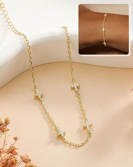 FUNEIA Dainty Silver Gold Bracelets for Women Trendy Non Tarnish 14K Gold Plated Waterproof Diamond Bracelets Cute Stackable Heart Butterfly Clover Cross Evil Eye Charm Bracelet Stack Jewelry Gifts