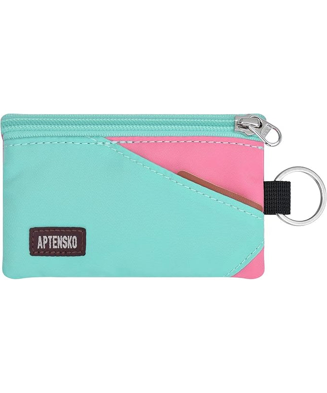 RFID Travel Wallet with Adjustable Lanyard-Zipper Small Wallet with ID Card Holder, Keychain for women&men-Minimalist Slim Waterproof Nylon case for ID, Cash, Key (Mint Aqua+Pink)