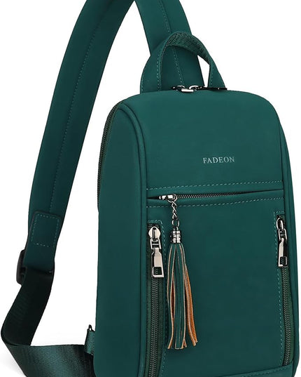 FADEON Sling Bag for Women, Crossbody Backpack with Tassels, Designer Leather Shoulder Chest Bags for Travel