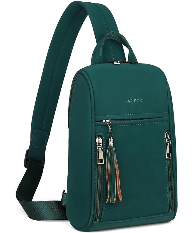 FADEON Sling Bag for Women, Crossbody Backpack with Tassels, Designer Leather Shoulder Chest Bags for Travel