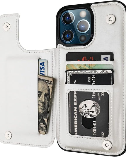 ONETOP Compatible with iPhone 13 Pro Max Wallet Case with Card Holder,PU Leather Kickstand Card Slots Case, Double Magnetic Clasp and Durable Shockproof Cover 6.7 Inch(White)