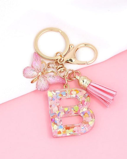 Fashion Alphabet Initial Letter Keychain Tassel Butterfly Pendant Key Ring for Purse Handbags Women Girl