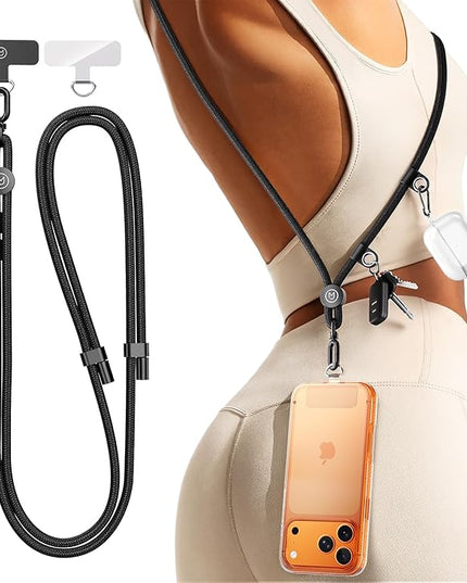 Phone Lanyard Crossbody with 2 Hanging Loops: Metal Buckle Adjustable Skin-Friendly Cell Phone Strap for iPhone Around,Hands-Free Universal Anti Theft Neck Lanyards For Outdoor Travel,Black