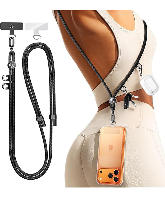Phone Lanyard Crossbody with 2 Hanging Loops: Metal Buckle Adjustable Skin-Friendly Cell Phone Strap for iPhone Around,Hands-Free Universal Anti Theft Neck Lanyards For Outdoor Travel,Black