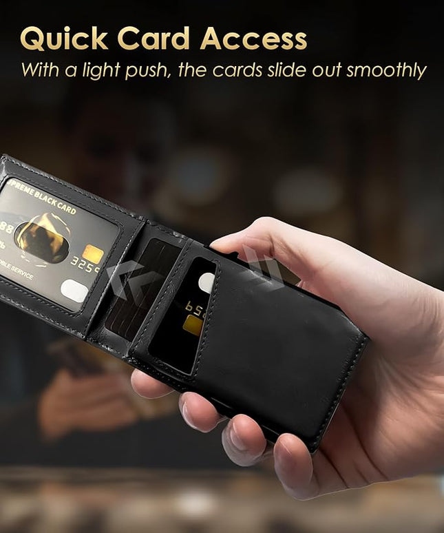 QLD Wallet for Men - RFID Blocking [Functional & Practical] Bifold Slim Minimalist Credit Card Holder Pop Up Metal Case with Cash Slot, Front Pocket with ID Window, Gift Boxed (BLACK)