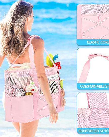 Mesh Beach Bag, Large Beach Tote with Zipper Pocket, Toys Pool Bag for Family Travel Vacation Cruise Essentials