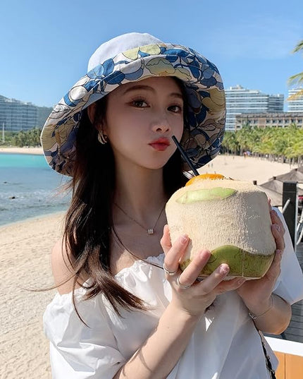 HUAMULAN Women Summer Sun Hat Wide Brim Wired Edge Floral Beach Bucket Hats Reversible Foldable Travel UV Protection Lady Hat