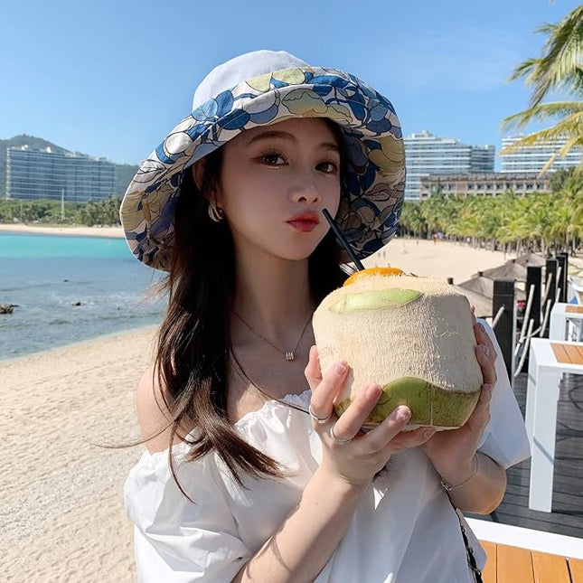 HUAMULAN Women Summer Sun Hat Wide Brim Wired Edge Floral Beach Bucket Hats Reversible Foldable Travel UV Protection Lady Hat