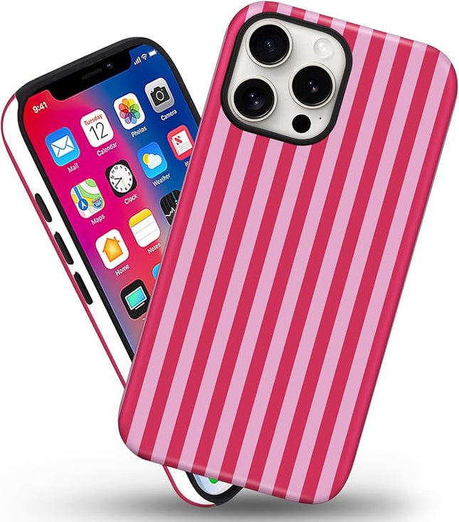 Magnetic for iPhone 14 Pro Max Case Cute Stripes Phone Case, Shockproof Slim TPU and Hard PC Protective Phone Cover Compatible with MagSafe Designed for Women Girls, Red and Pink